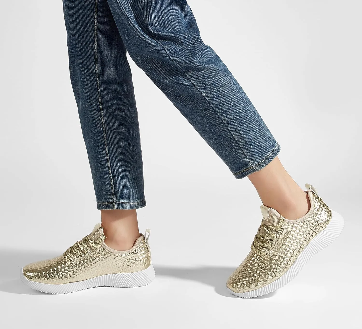 LUCKY STEP Women's Metallic Fashion Sneaker Leatherette Studded Jogger Lightweight Casual Walking Shoes
