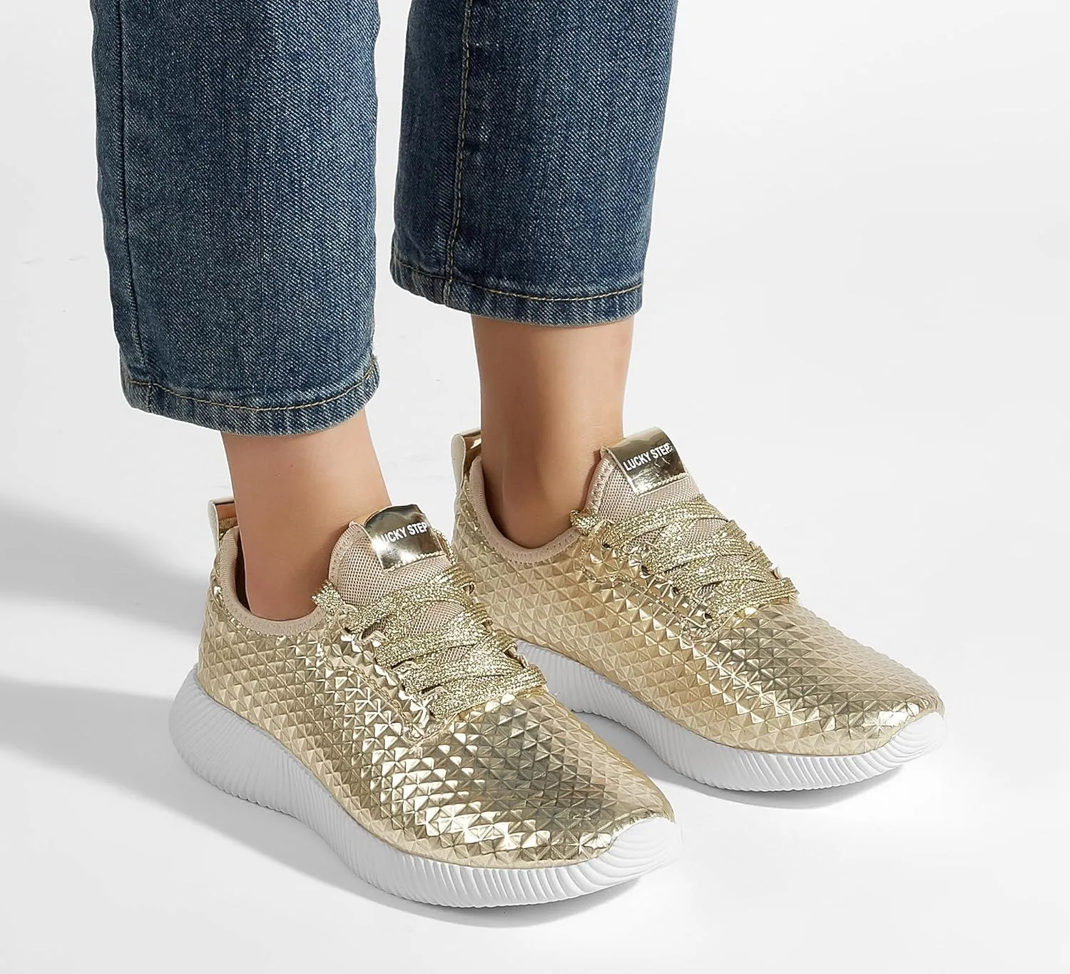 LUCKY STEP Women's Metallic Fashion Sneaker Leatherette Studded Jogger Lightweight Casual Walking Shoes