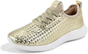LUCKY STEP Women's Metallic Fashion Sneaker Leatherette Studded Jogger Lightweight Casual Walking Shoes