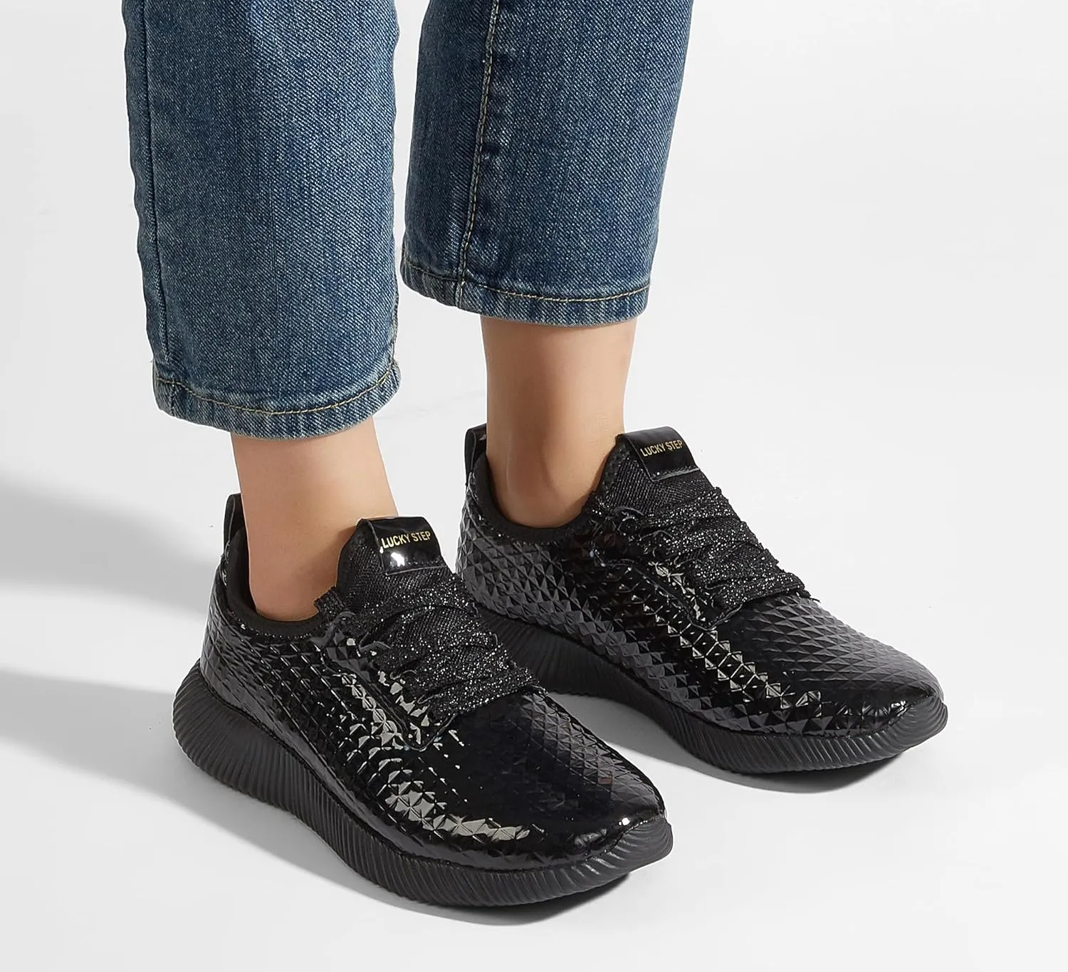 LUCKY STEP Women's Metallic Fashion Sneaker Leatherette Studded Jogger Lightweight Casual Walking Shoes