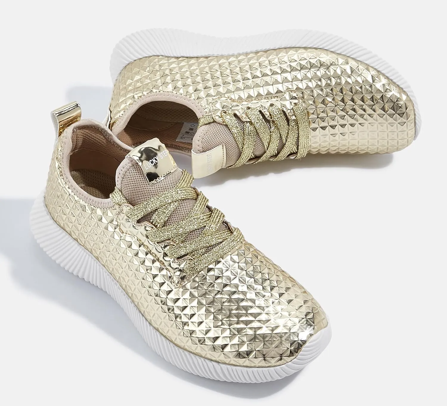 LUCKY STEP Women's Metallic Fashion Sneaker Leatherette Studded Jogger Lightweight Casual Walking Shoes