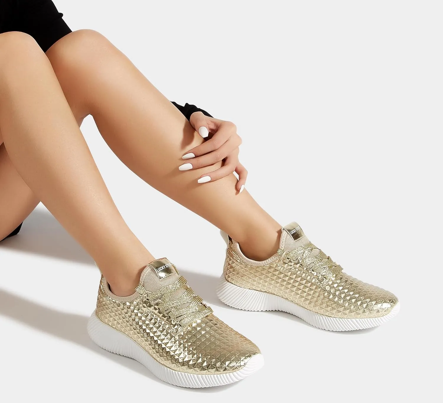 LUCKY STEP Women's Metallic Fashion Sneaker Leatherette Studded Jogger Lightweight Casual Walking Shoes