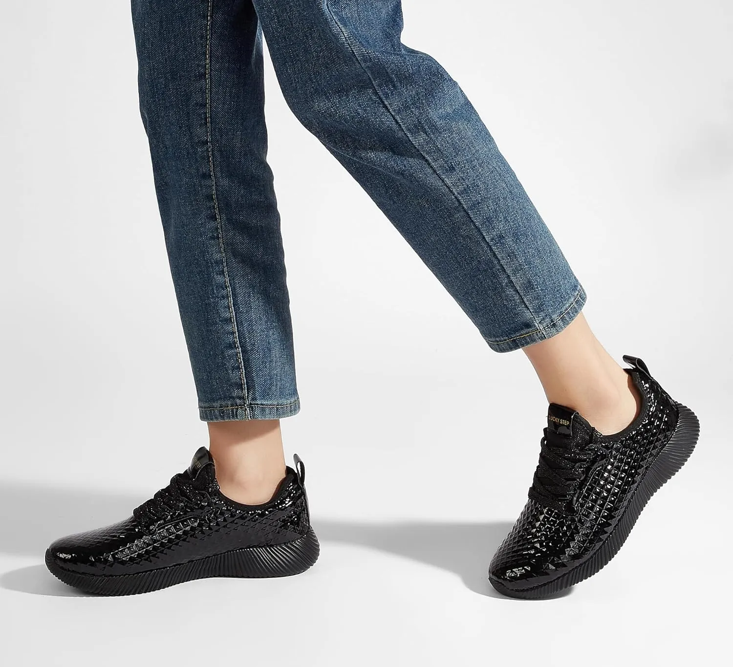 LUCKY STEP Women's Metallic Fashion Sneaker Leatherette Studded Jogger Lightweight Casual Walking Shoes
