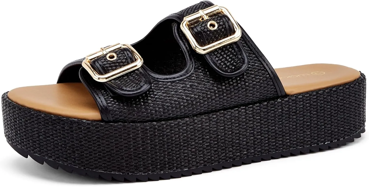 LUCKY STEP Women's Platform Slide Sandals Braided Adjustable Strap Flat Open Toe Summer Casual Shoes Beach Outdoor Wedge Woven Slipper