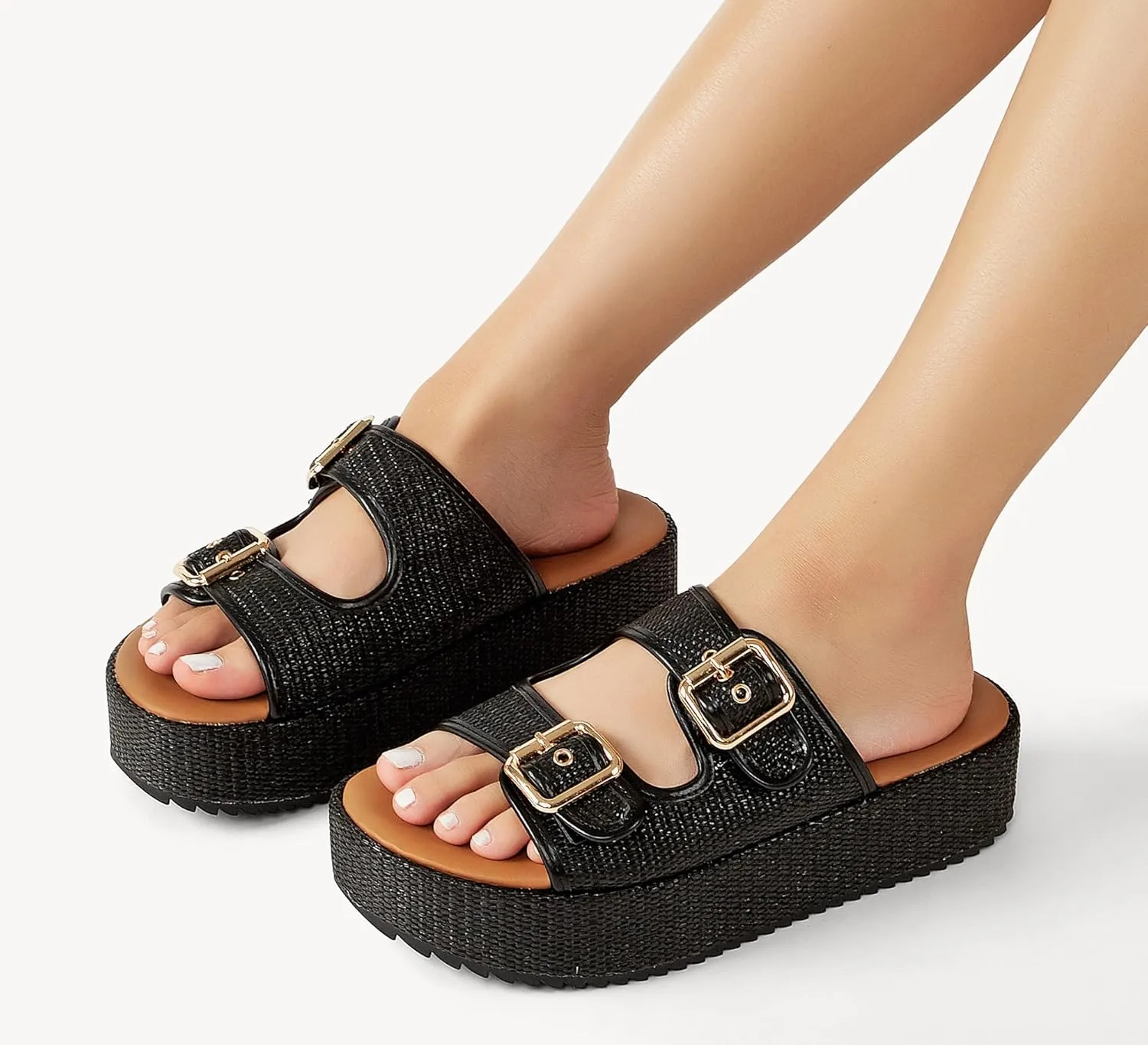 LUCKY STEP Women's Platform Slide Sandals Braided Adjustable Strap Flat Open Toe Summer Casual Shoes Beach Outdoor Wedge Woven Slipper