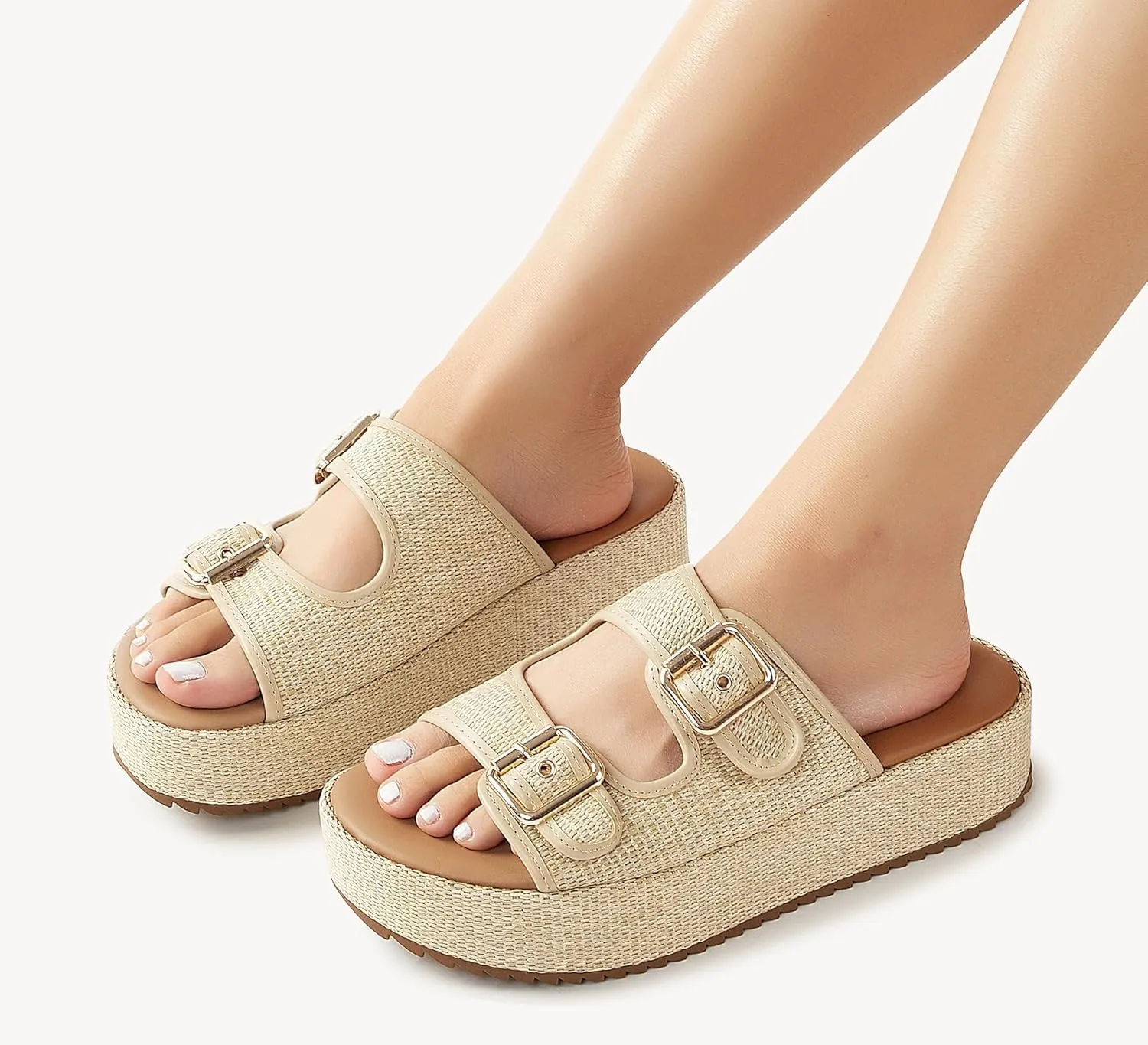 LUCKY STEP Women's Platform Slide Sandals Braided Adjustable Strap Flat Open Toe Summer Casual Shoes Beach Outdoor Wedge Woven Slipper