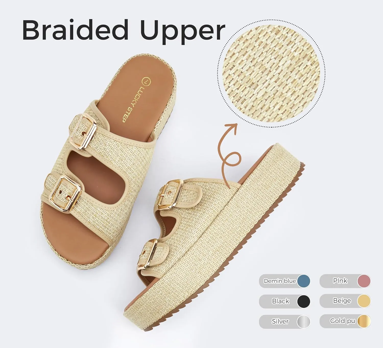 LUCKY STEP Women's Platform Slide Sandals Braided Adjustable Strap Flat Open Toe Summer Casual Shoes Beach Outdoor Wedge Woven Slipper