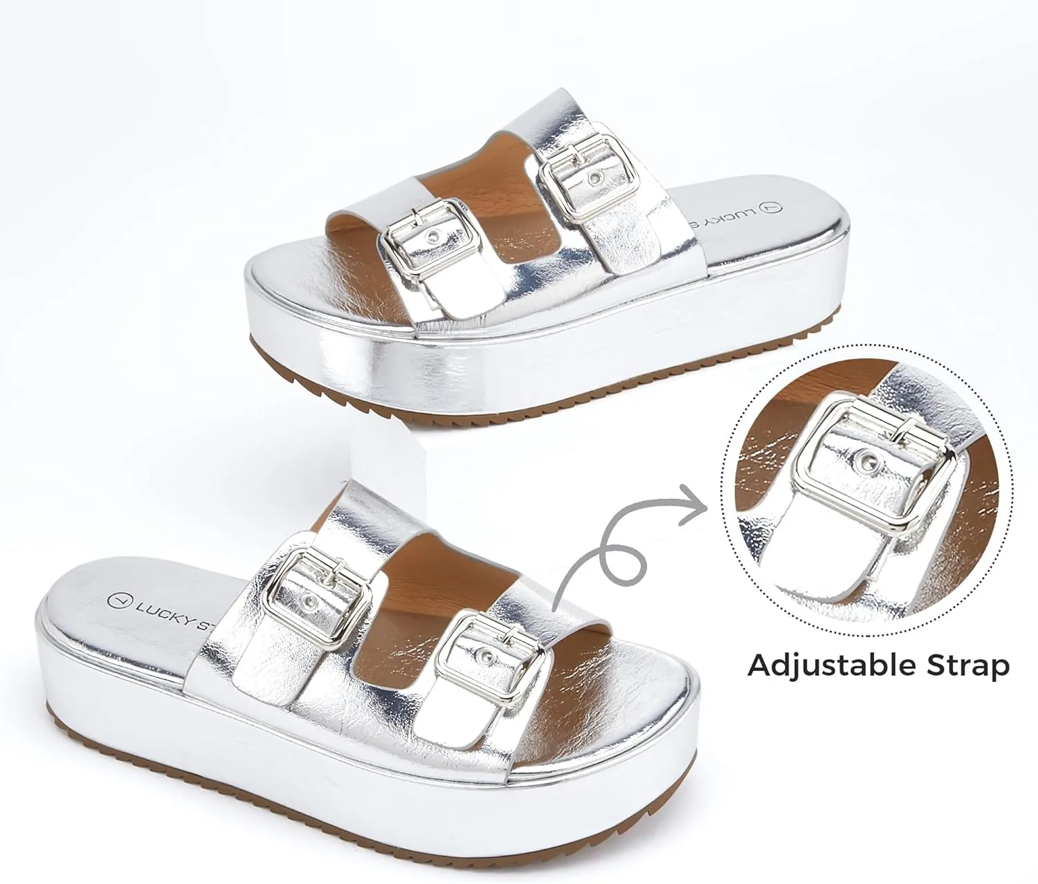 LUCKY STEP Women's Platform Slide Sandals Braided Adjustable Strap Flat Open Toe Summer Casual Shoes Beach Outdoor Wedge Woven Slipper