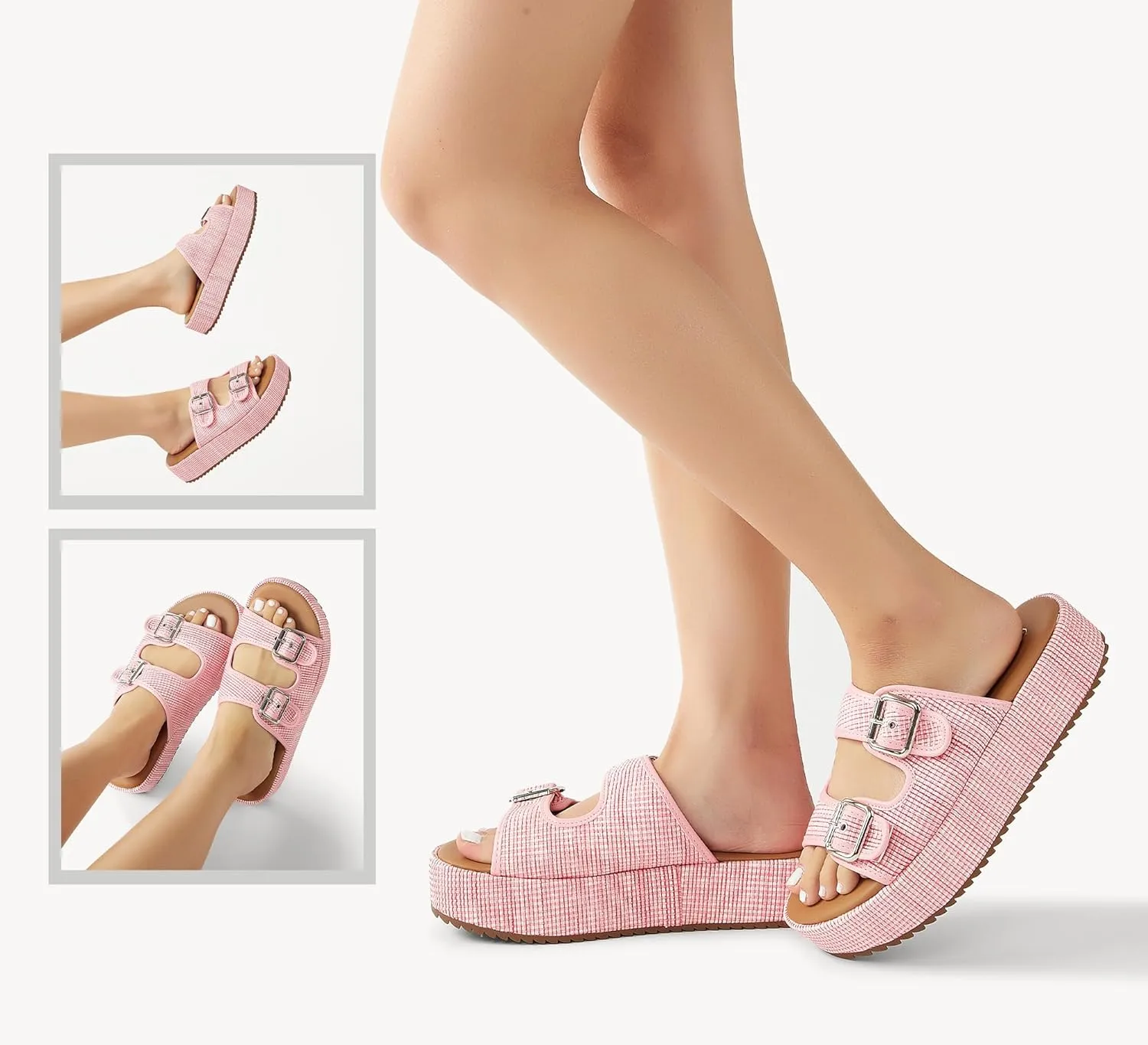 LUCKY STEP Women's Platform Slide Sandals Braided Adjustable Strap Flat Open Toe Summer Casual Shoes Beach Outdoor Wedge Woven Slipper