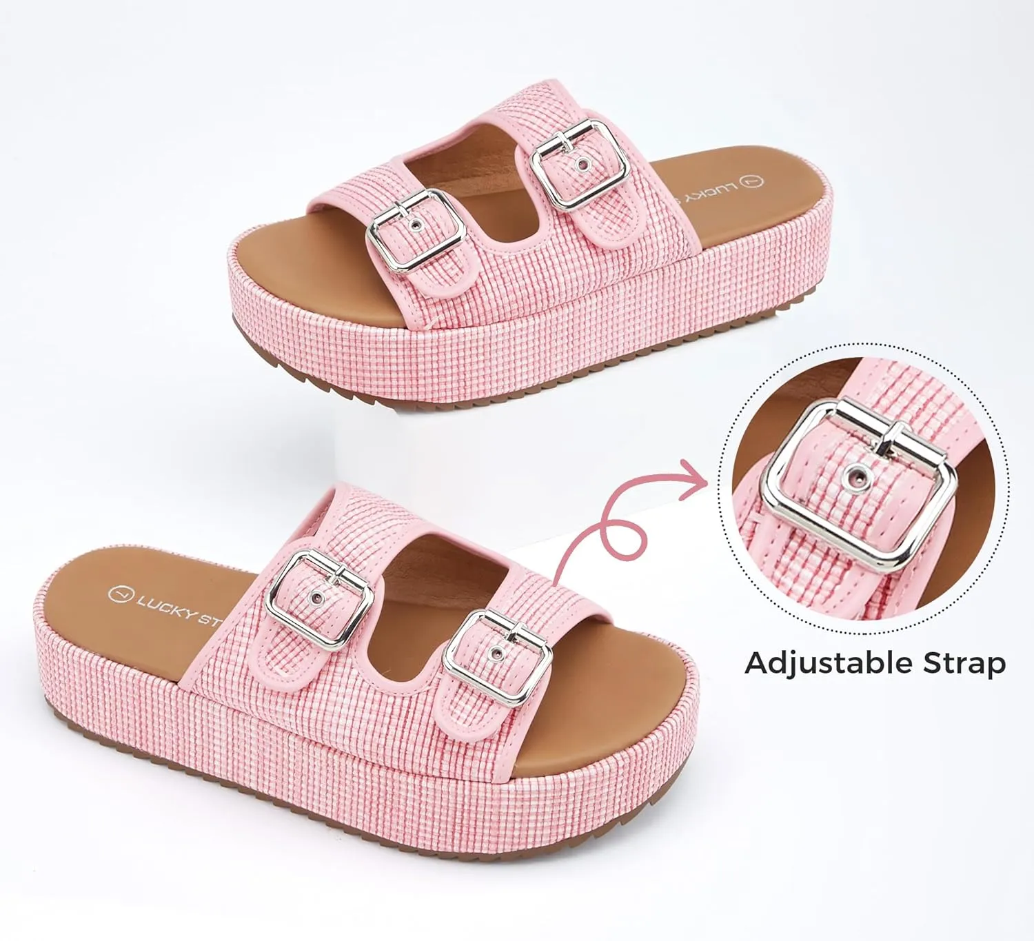 LUCKY STEP Women's Platform Slide Sandals Braided Adjustable Strap Flat Open Toe Summer Casual Shoes Beach Outdoor Wedge Woven Slipper