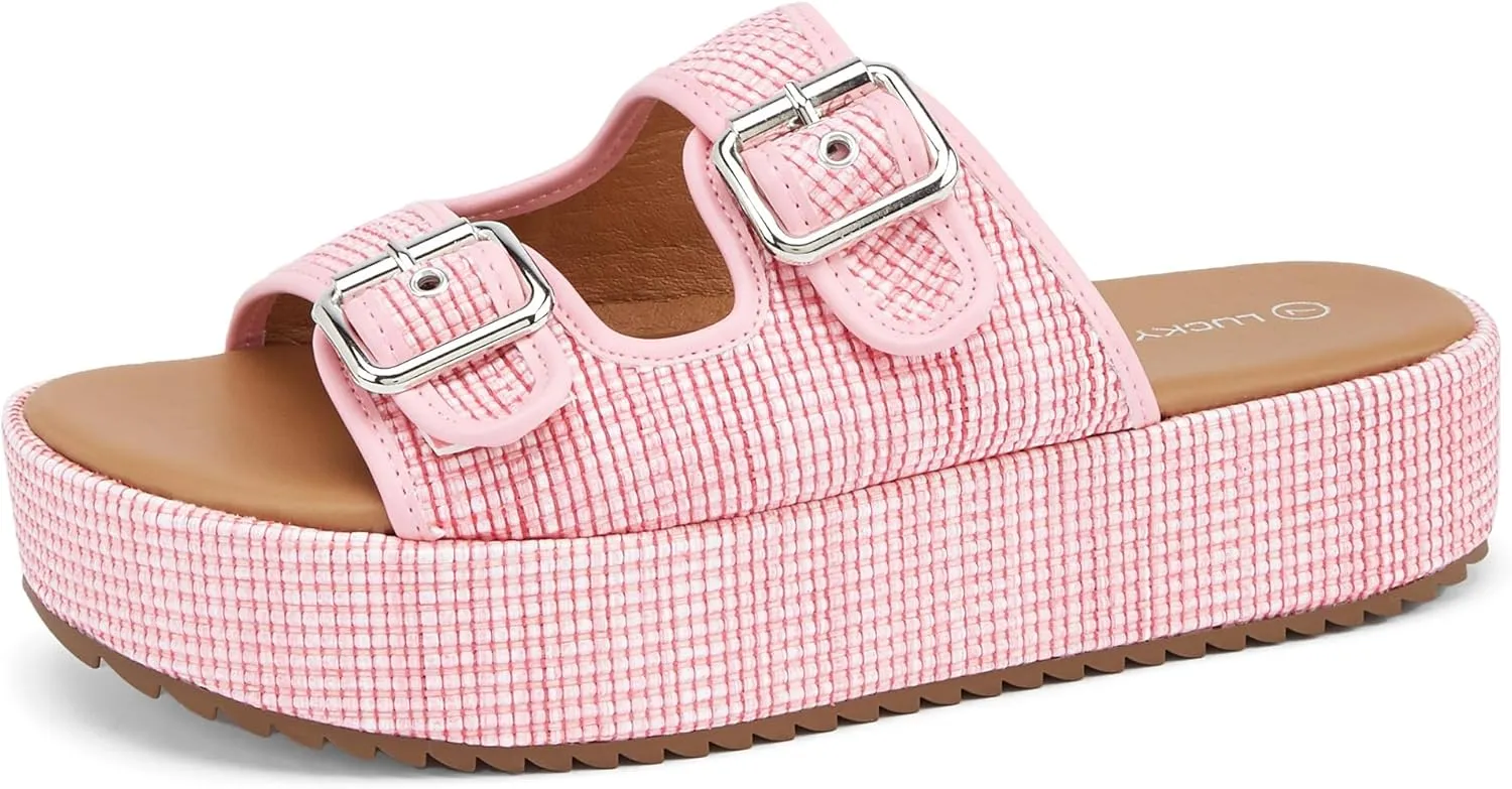 LUCKY STEP Women's Platform Slide Sandals Braided Adjustable Strap Flat Open Toe Summer Casual Shoes Beach Outdoor Wedge Woven Slipper