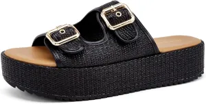 LUCKY STEP Women's Platform Slide Sandals Braided Adjustable Strap Flat Open Toe Summer Casual Shoes Beach Outdoor Wedge Woven Slipper