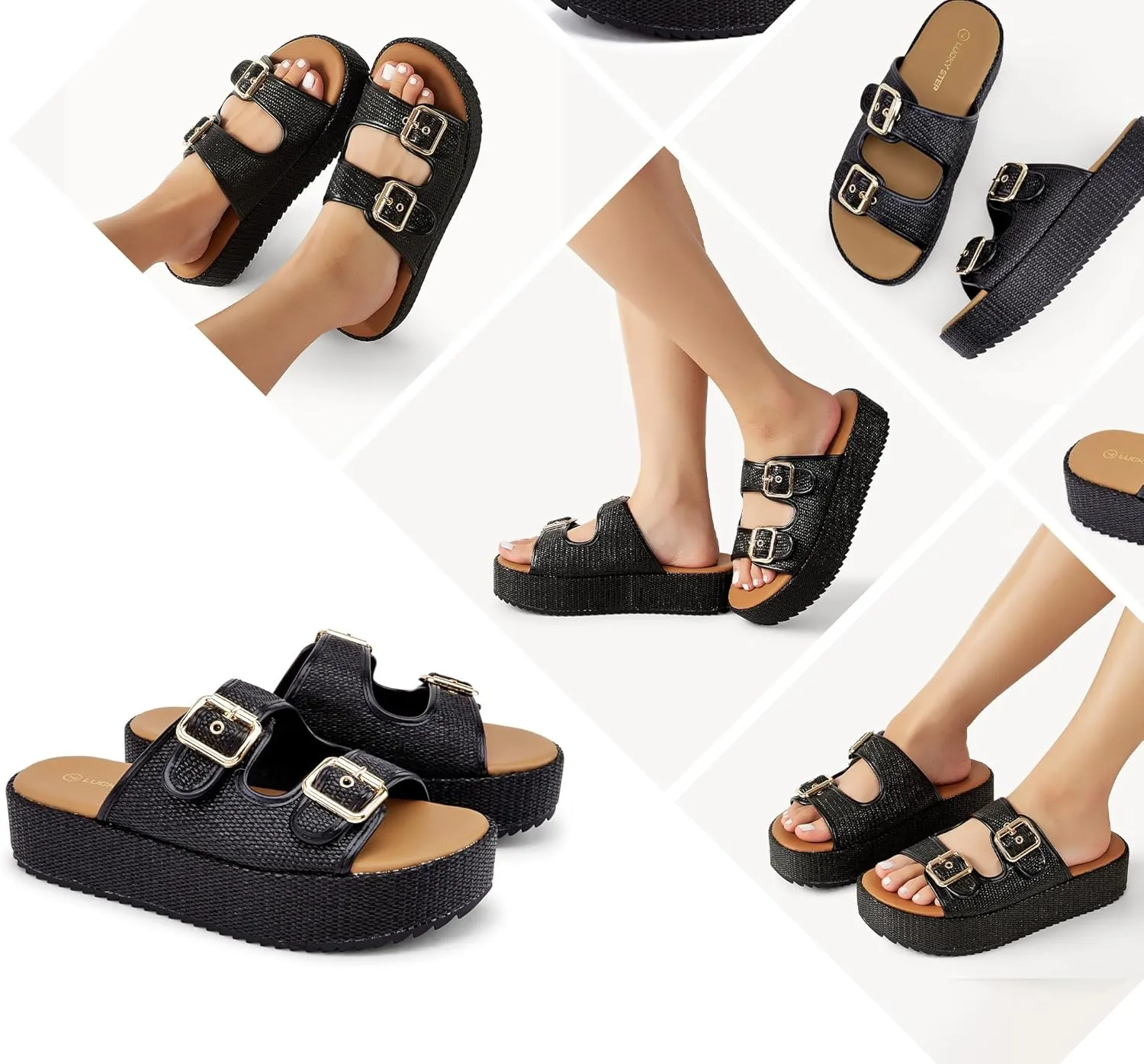LUCKY STEP Women's Platform Slide Sandals Braided Adjustable Strap Flat Open Toe Summer Casual Shoes Beach Outdoor Wedge Woven Slipper