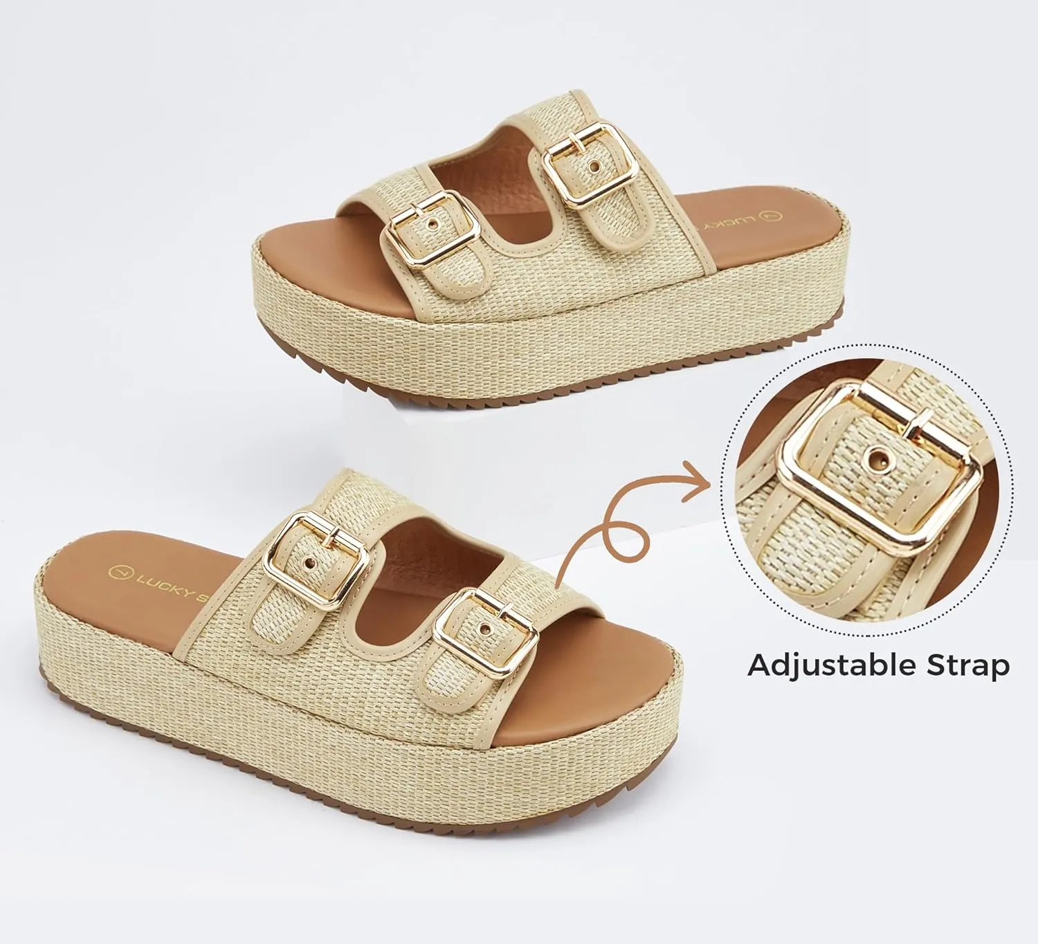 LUCKY STEP Women's Platform Slide Sandals Braided Adjustable Strap Flat Open Toe Summer Casual Shoes Beach Outdoor Wedge Woven Slipper