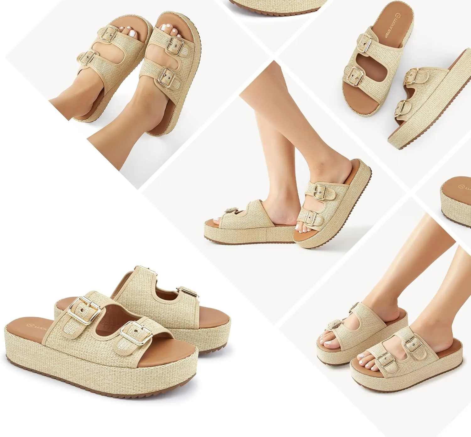 LUCKY STEP Women's Platform Slide Sandals Braided Adjustable Strap Flat Open Toe Summer Casual Shoes Beach Outdoor Wedge Woven Slipper