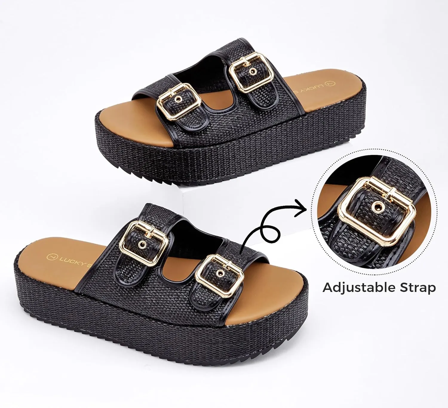 LUCKY STEP Women's Platform Slide Sandals Braided Adjustable Strap Flat Open Toe Summer Casual Shoes Beach Outdoor Wedge Woven Slipper