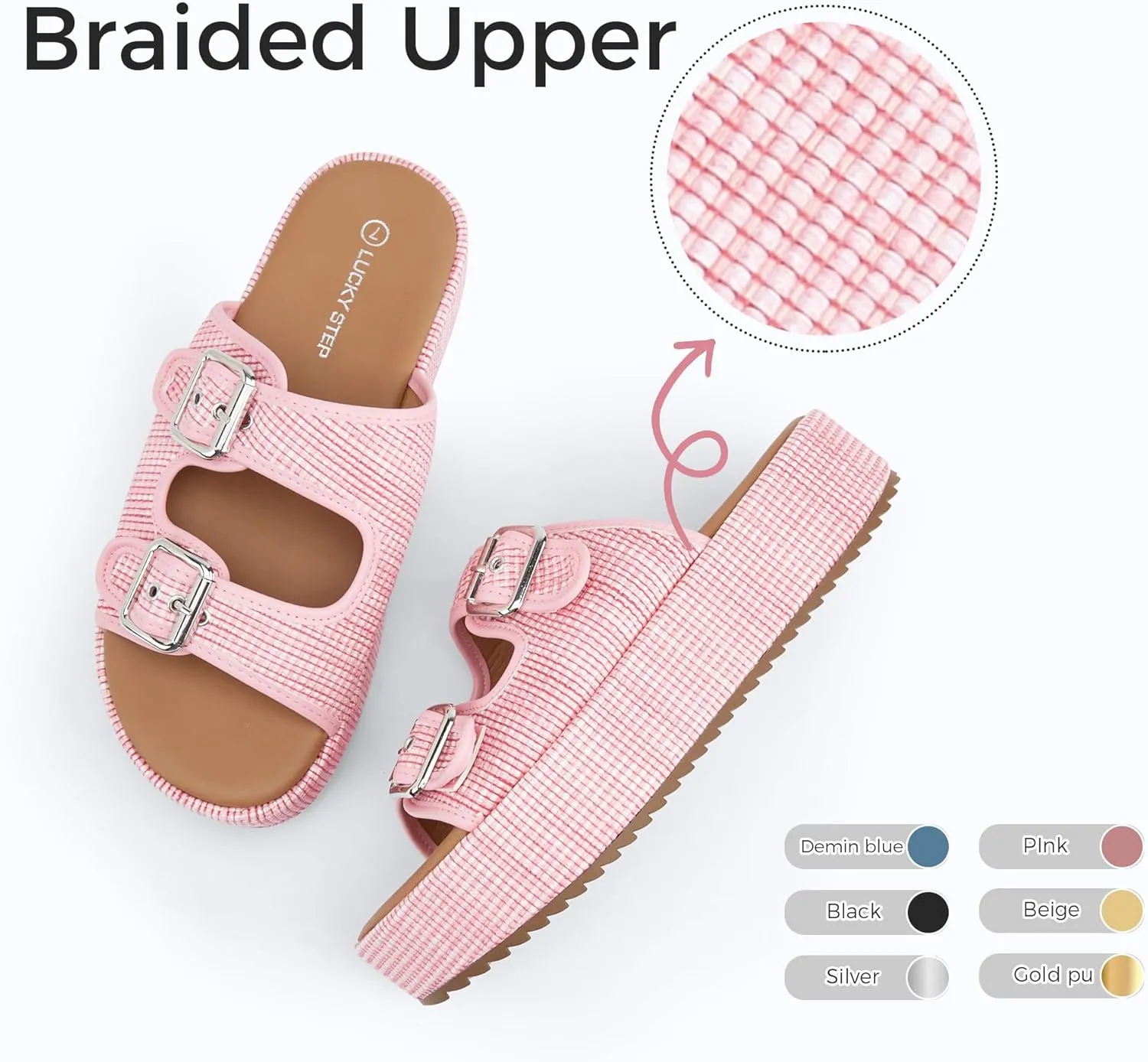 LUCKY STEP Women's Platform Slide Sandals Braided Adjustable Strap Flat Open Toe Summer Casual Shoes Beach Outdoor Wedge Woven Slipper