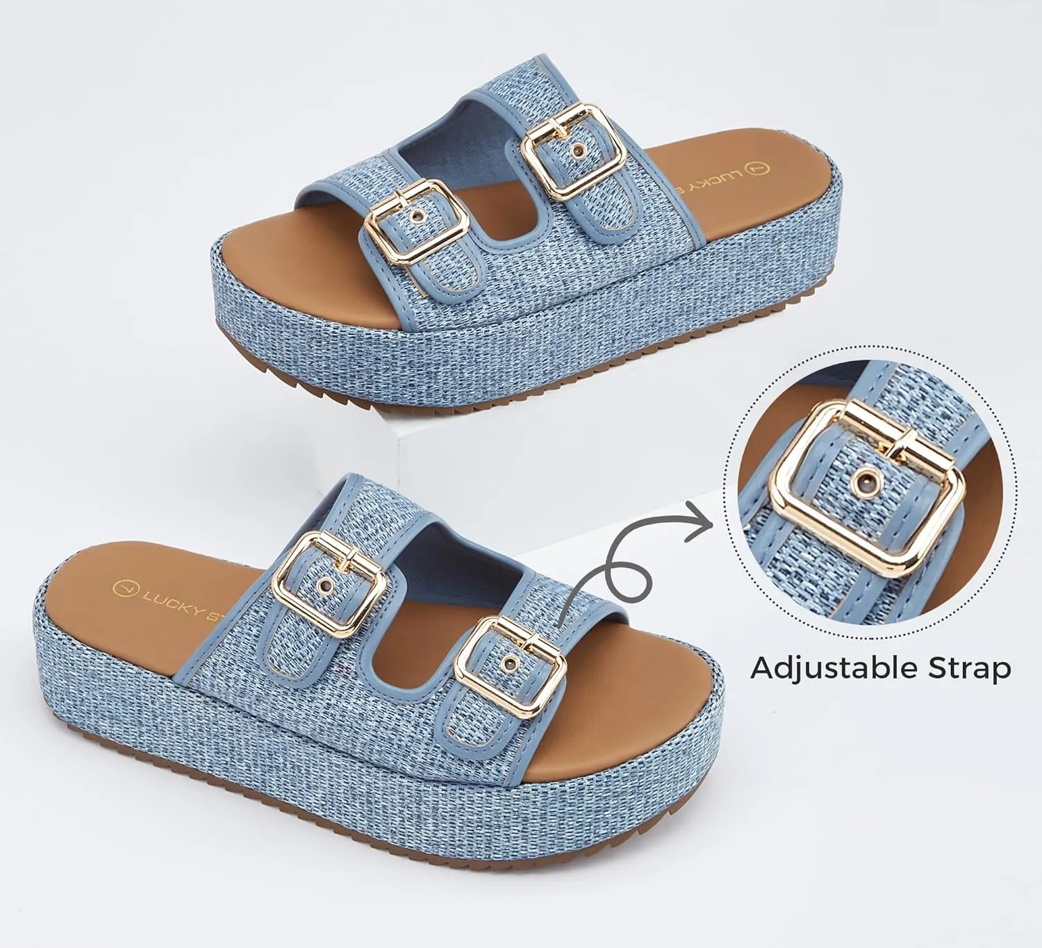 LUCKY STEP Women's Platform Slide Sandals Braided Adjustable Strap Flat Open Toe Summer Casual Shoes Beach Outdoor Wedge Woven Slipper