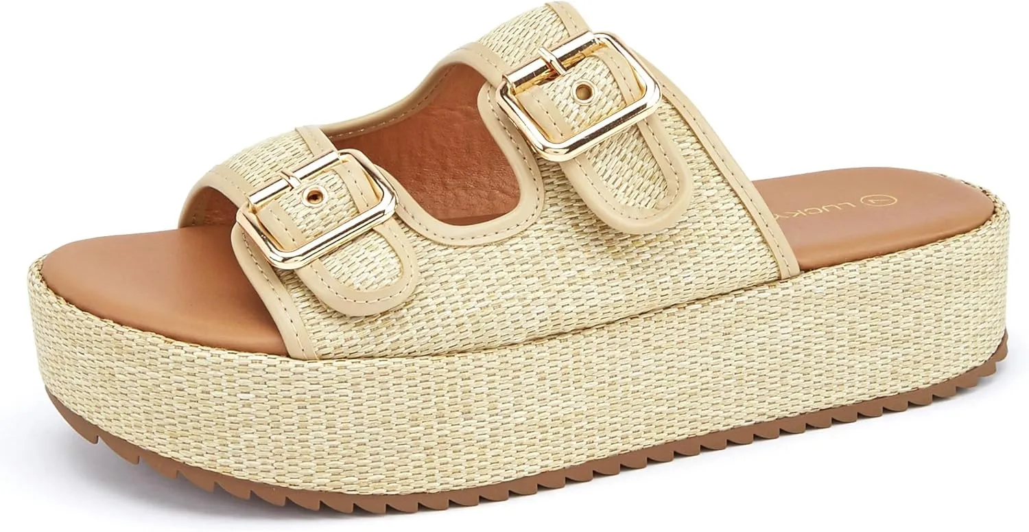 LUCKY STEP Women's Platform Slide Sandals Braided Adjustable Strap Flat Open Toe Summer Casual Shoes Beach Outdoor Wedge Woven Slipper
