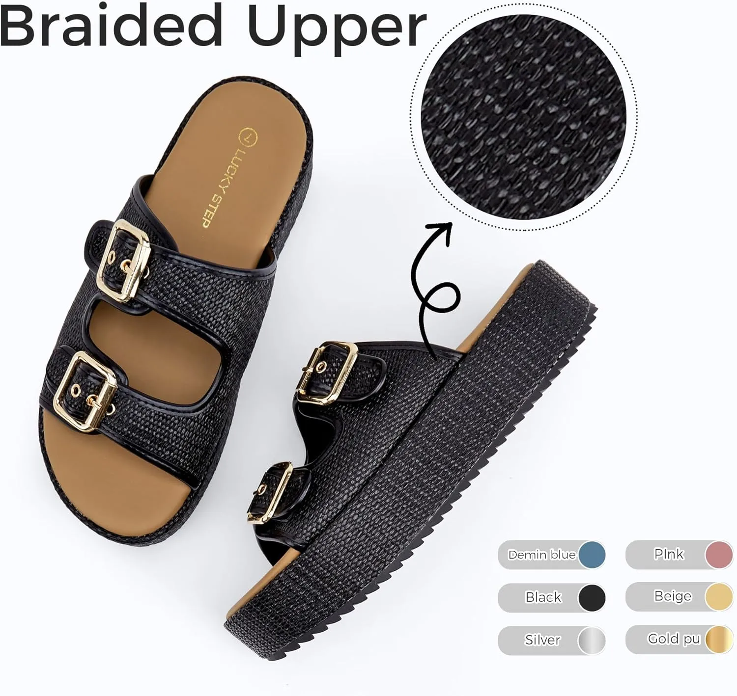 LUCKY STEP Women's Platform Slide Sandals Braided Adjustable Strap Flat Open Toe Summer Casual Shoes Beach Outdoor Wedge Woven Slipper