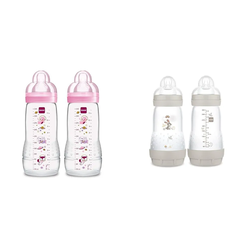 MAM Easy Active Baby Bottle 11oz, Easy Switch Between Breast and Bottle, Easy to Clean, 4  Months & Easy Start Matte Anti-Colic Baby Bottles, 9 oz (2 Count), Medium Flow Nipples, Unisex Baby