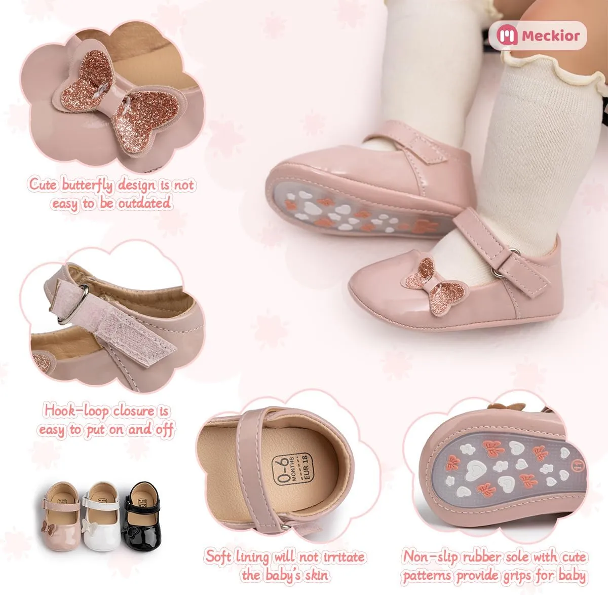 Meckior Infant Baby Girls Soft Sole Bowknot Princess Wedding Dress Mary Jane Flats Prewalker Newborn Light Baby Sneaker Shoes