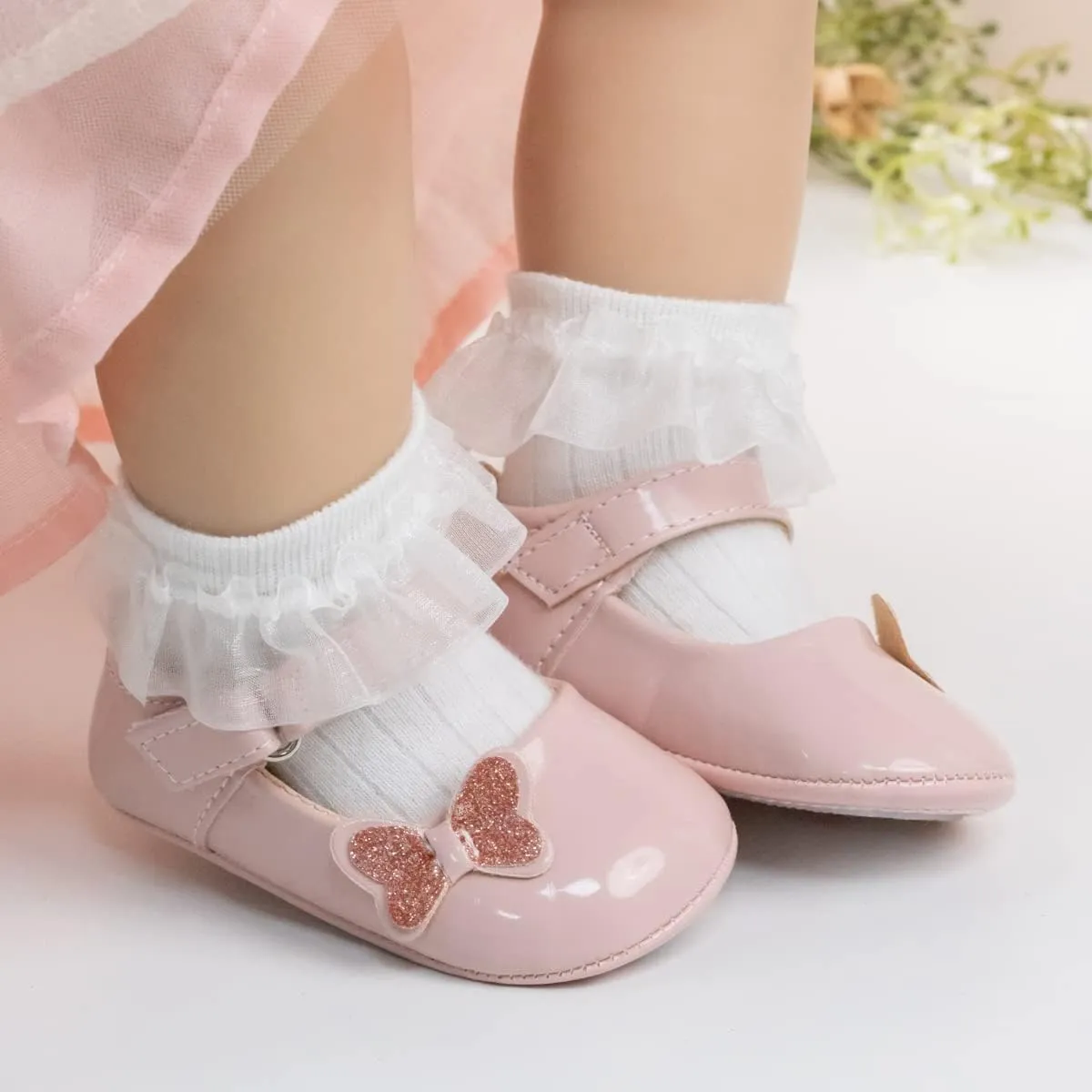 Meckior Infant Baby Girls Soft Sole Bowknot Princess Wedding Dress Mary Jane Flats Prewalker Newborn Light Baby Sneaker Shoes