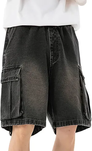 Men Baggy Denim Jorts Y2K Grunge Loose Fit Hip Hop Jean Shorts Casual Long Jeans with Pockets Streetwear