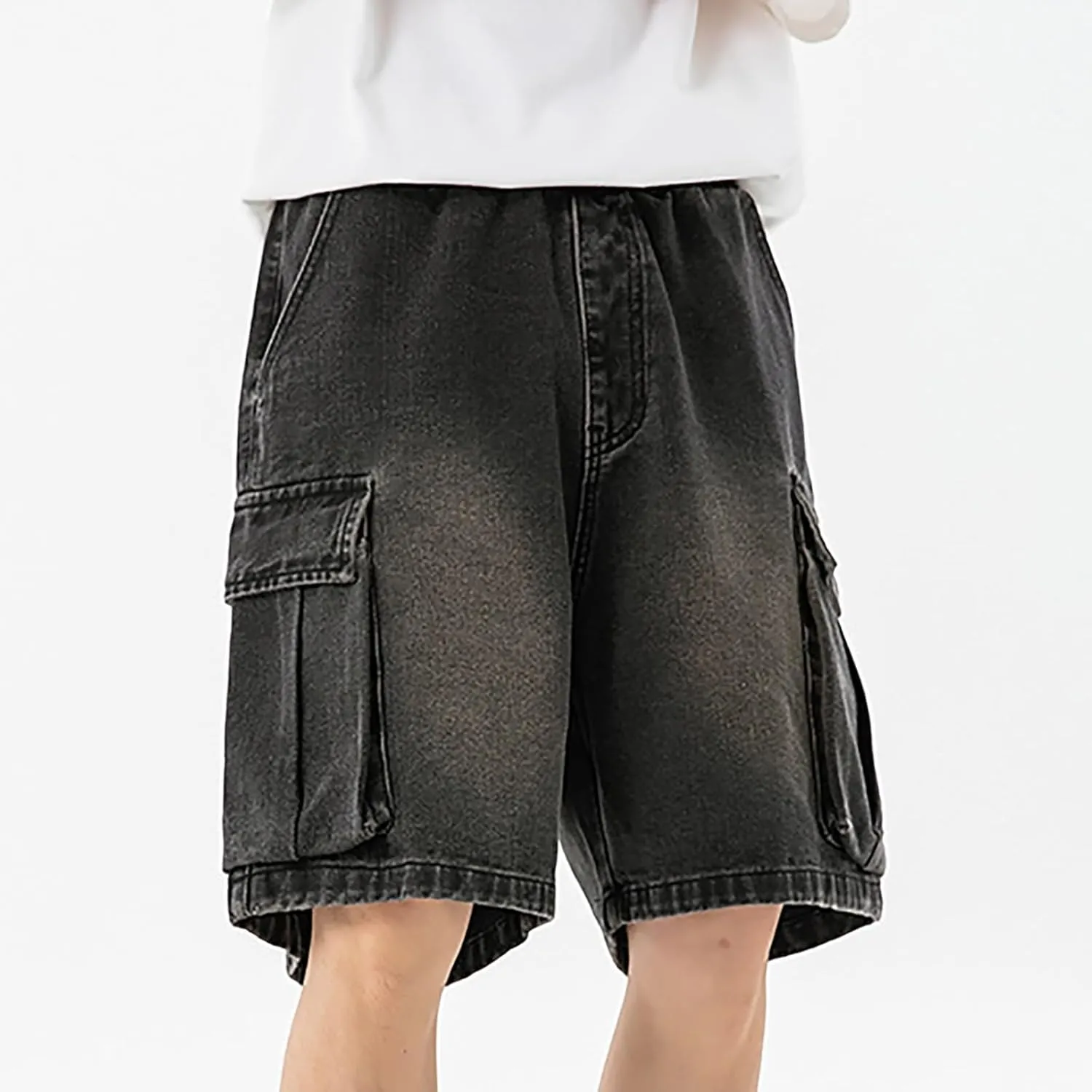 Men Baggy Denim Jorts Y2K Grunge Loose Fit Hip Hop Jean Shorts Casual Long Jeans with Pockets Streetwear