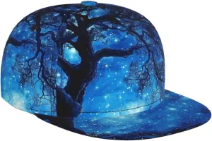 Men's Baseball Cap Tree Starry Night Sky Blue Nature Dreamy Beauty Flat Brim Adjustable Snapback Trucker Hat, Dad Hat, Casual Sport Outdoor Sun Hat
