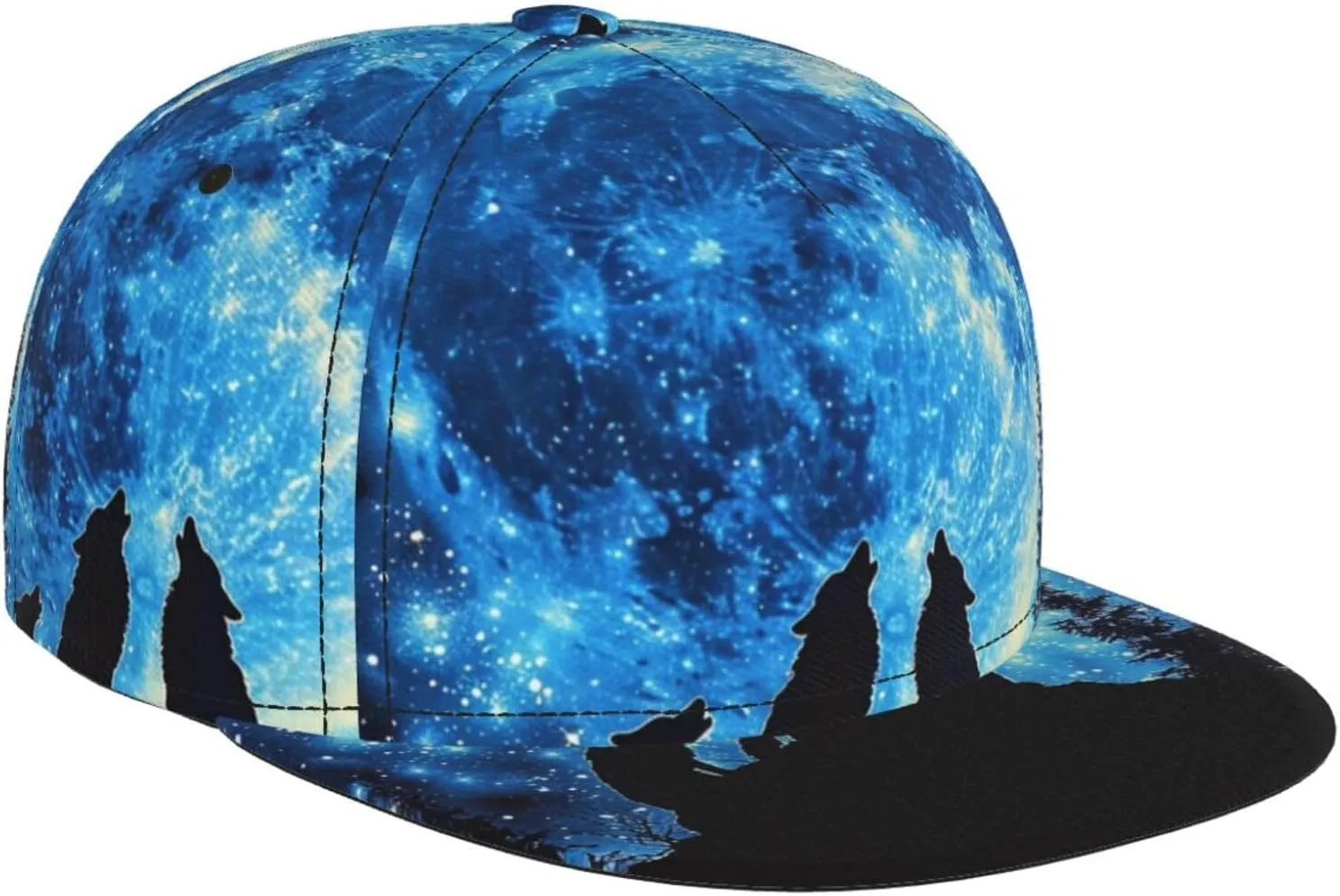 Men's Baseball Cap Wolves Starry Night Sky Wolf Howlin Moon Wild Animal Flat Brim Adjustable Snapback Trucker Hat, Dad Hat, Casual Sport Outdoor Sun Hat