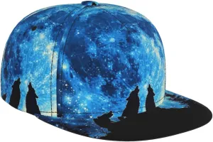 Men's Baseball Cap Wolves Starry Night Sky Wolf Howlin Moon Wild Animal Flat Brim Adjustable Snapback Trucker Hat, Dad Hat, Casual Sport Outdoor Sun Hat