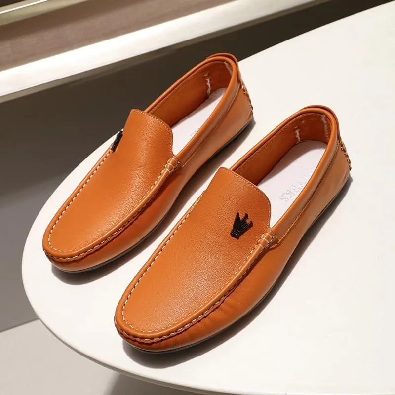 Men's Fashion Slip-On Leather Shoes Mens Genuine Leather Dress Shoes Flat Boat Shoes Mens Commuter Slip-Resistant Lightweight Breathable Easy to Walk