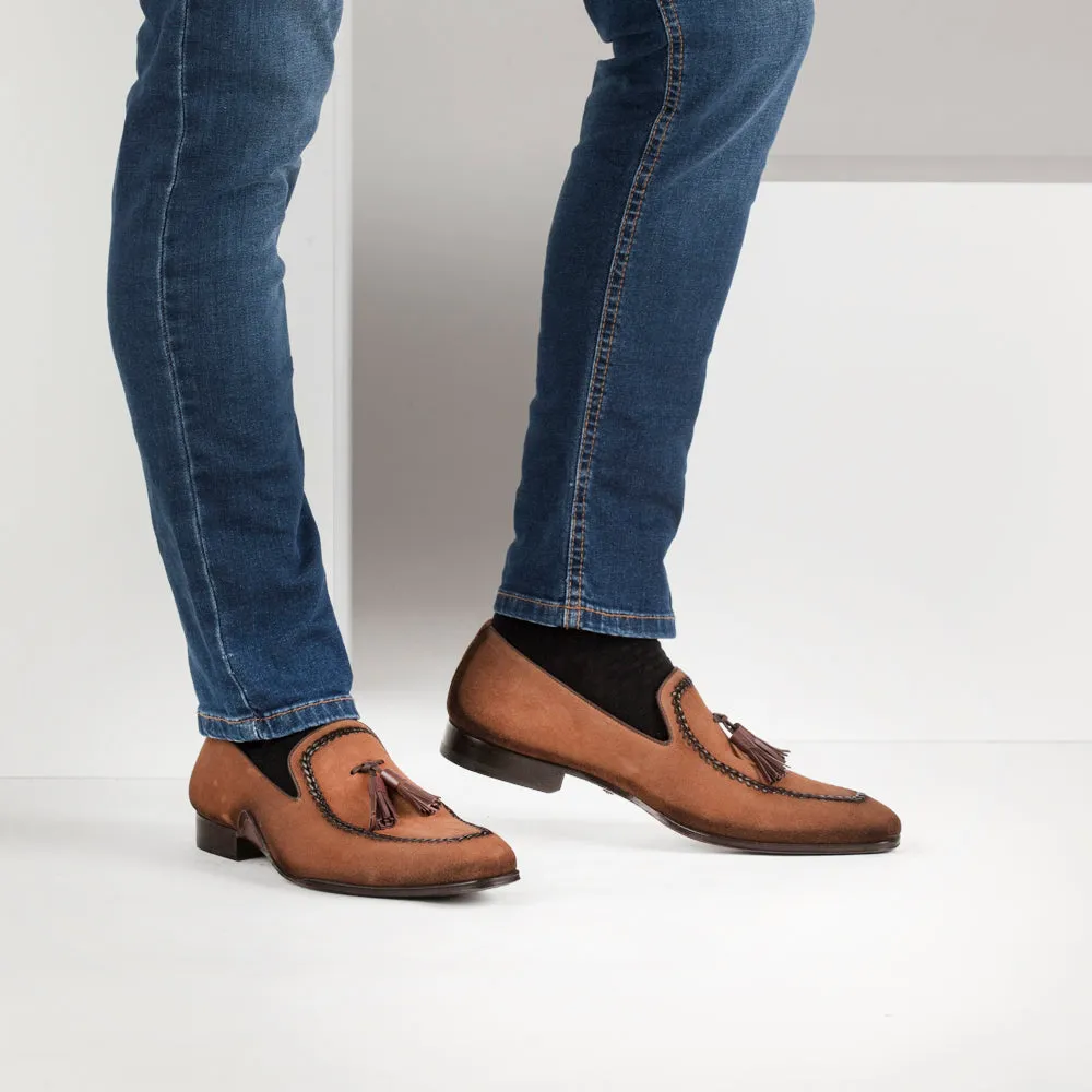 Mens Mezlan Plazza Suede & Calfskin Tassel Loafer Dress Shoe in Cognac