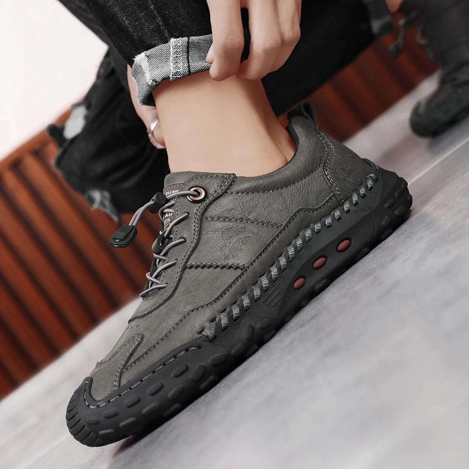 Men's Premium Cowhide Walking Shoes, Easy Lacing, Casual Sneakers, Flat Driving Shoes, Hand Sewn, Mesh Lining, All Seasons.