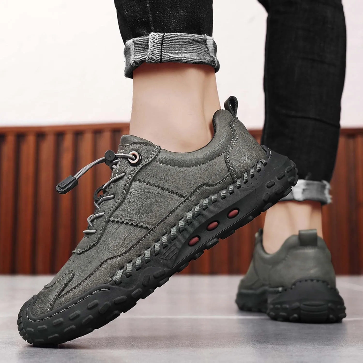 Men's Premium Cowhide Walking Shoes, Easy Lacing, Casual Sneakers, Flat Driving Shoes, Hand Sewn, Mesh Lining, All Seasons.