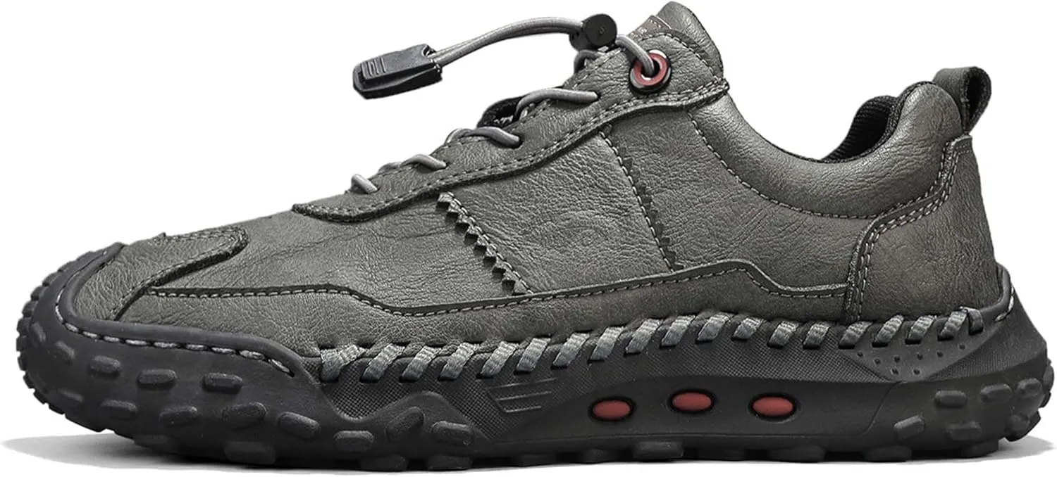 Men's Premium Cowhide Walking Shoes, Easy Lacing, Casual Sneakers, Flat Driving Shoes, Hand Sewn, Mesh Lining, All Seasons.