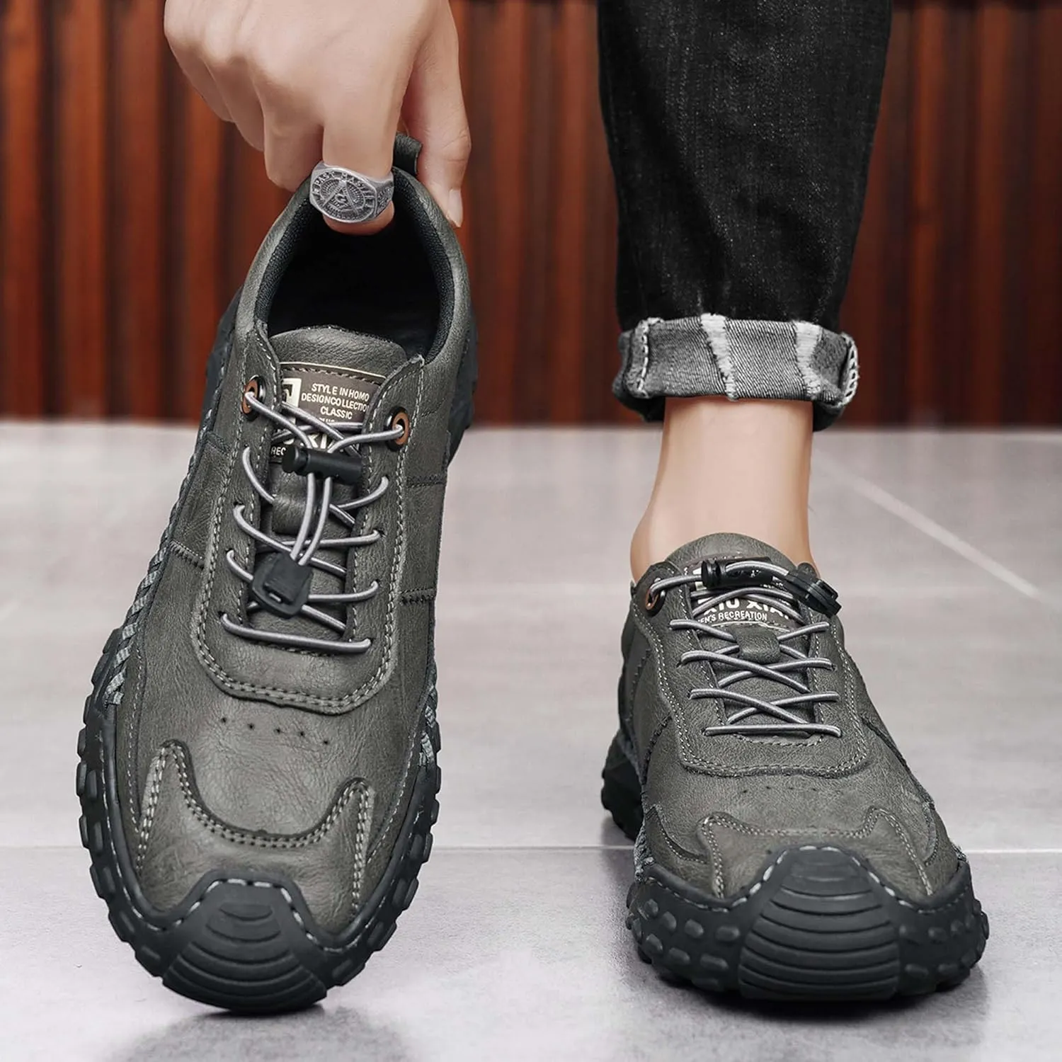 Men's Premium Cowhide Walking Shoes, Easy Lacing, Casual Sneakers, Flat Driving Shoes, Hand Sewn, Mesh Lining, All Seasons.
