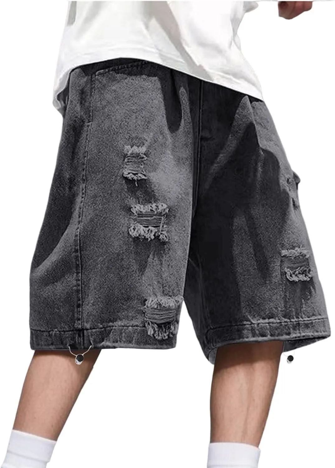Mens Wide Leg Hip Hop Mid Jean Shorts Work Denim Shorts with Pockets Casual Streetwear