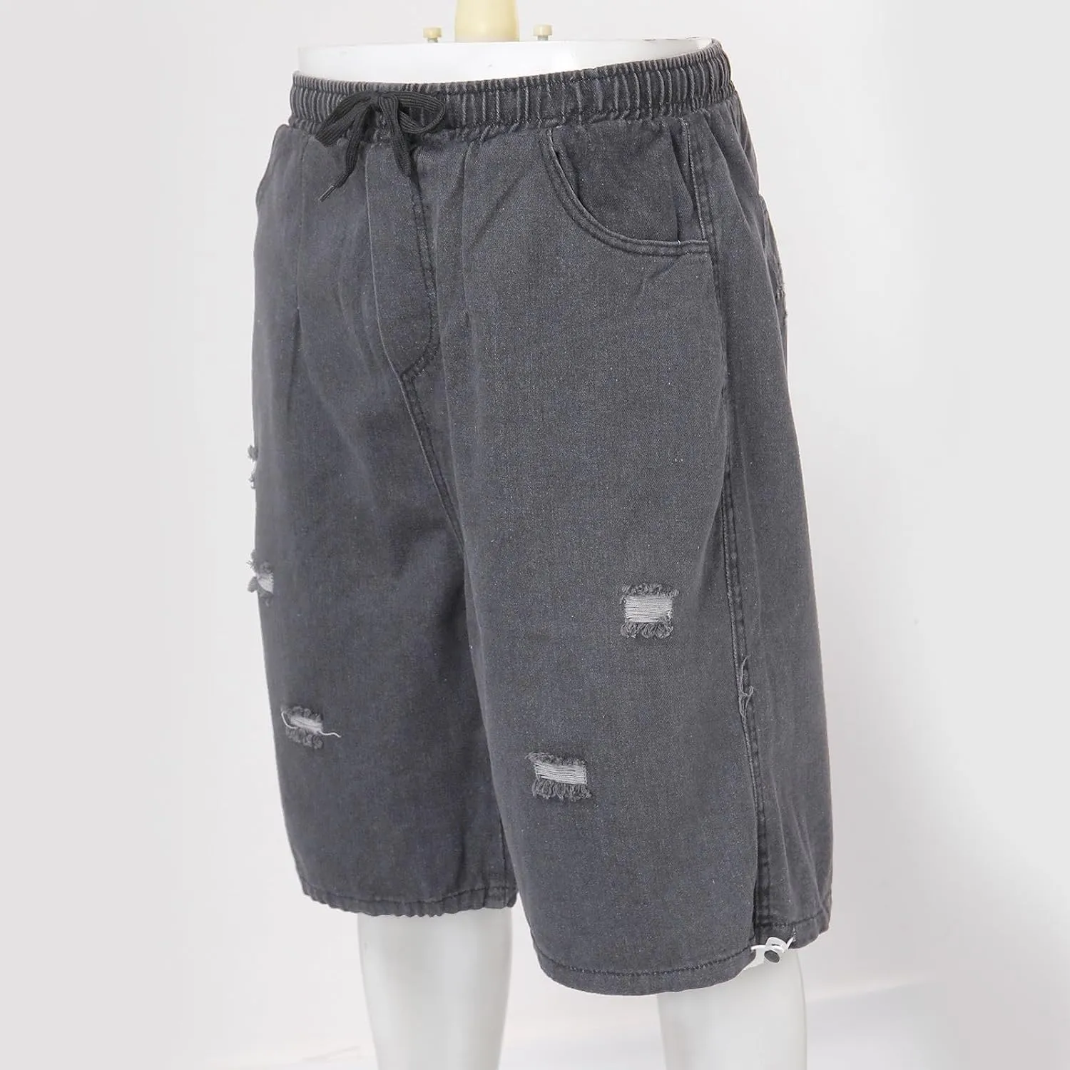 Mens Wide Leg Hip Hop Mid Jean Shorts Work Denim Shorts with Pockets Casual Streetwear