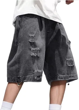 Mens Wide Leg Hip Hop Mid Jean Shorts Work Denim Shorts with Pockets Casual Streetwear