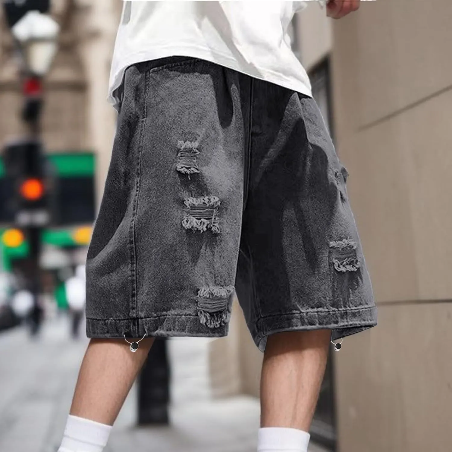 Mens Wide Leg Hip Hop Mid Jean Shorts Work Denim Shorts with Pockets Casual Streetwear