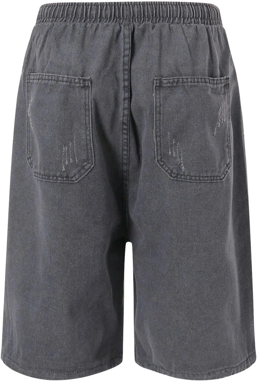 Mens Wide Leg Hip Hop Mid Jean Shorts Work Denim Shorts with Pockets Casual Streetwear