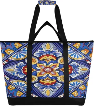 Mexican Ceramic Tile Reusable Insulated Lunchbox Cooler Bag, Leakproof Kitchen Grocery Bag Collapsible Portable Cooler Tote Bag for Picnic, Camping, Office, Travel