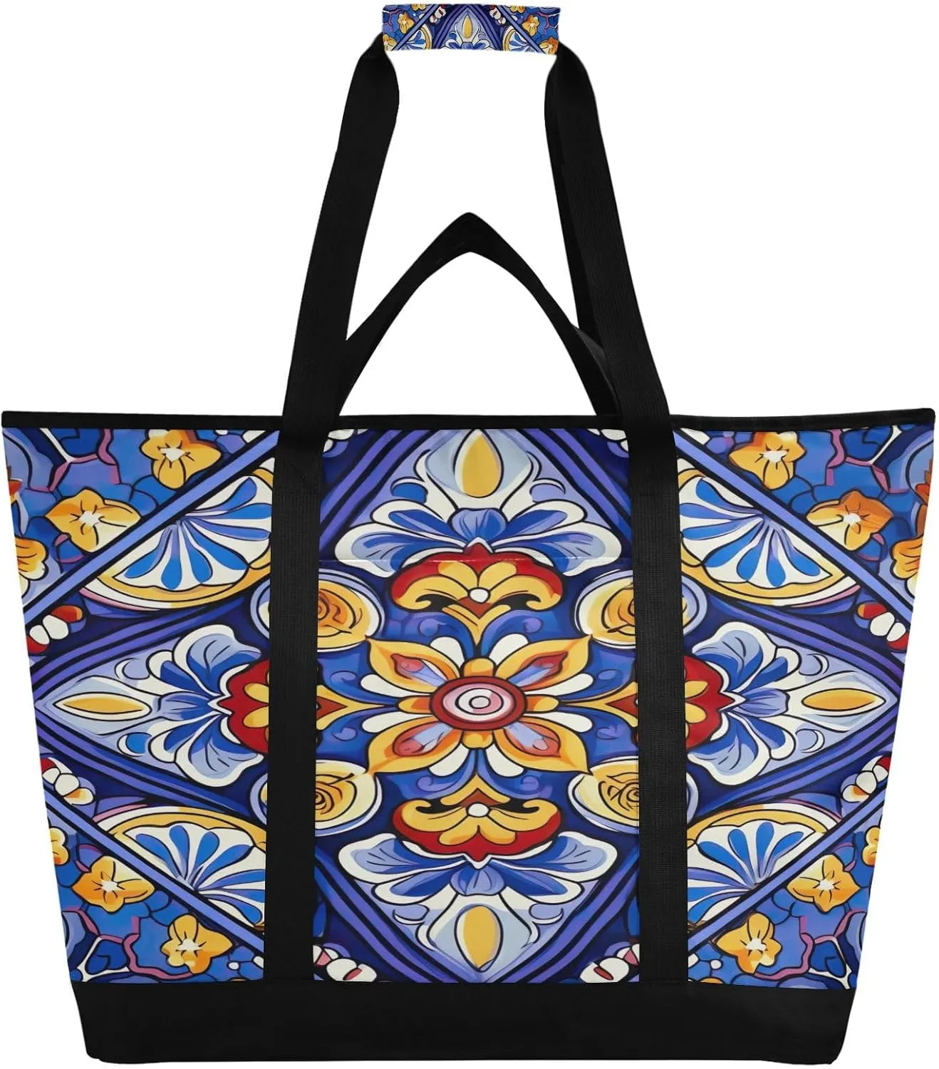 Mexican Ceramic Tile Reusable Insulated Lunchbox Cooler Bag, Leakproof Kitchen Grocery Bag Collapsible Portable Cooler Tote Bag for Picnic, Camping, Office, Travel