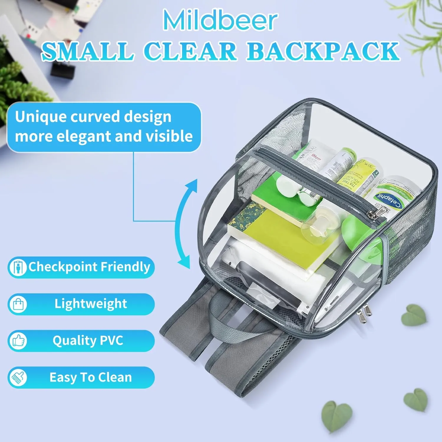 Mildbeer Small Clear Backpack, Stadium Approved 12x12x6 Clear Backpack for Women with 2 Bottle Holders for Festival Concert Sports Events