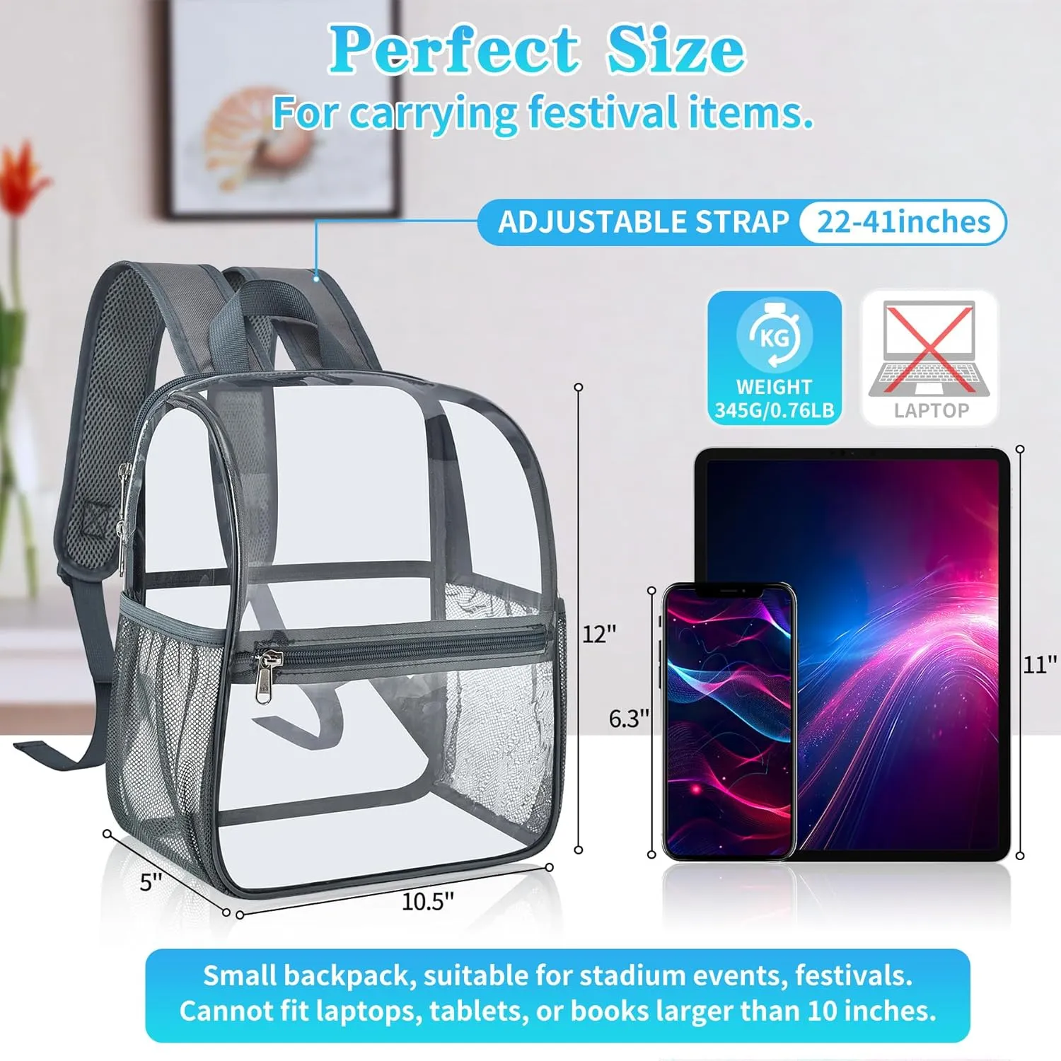 Mildbeer Small Clear Backpack, Stadium Approved 12x12x6 Clear Backpack for Women with 2 Bottle Holders for Festival Concert Sports Events