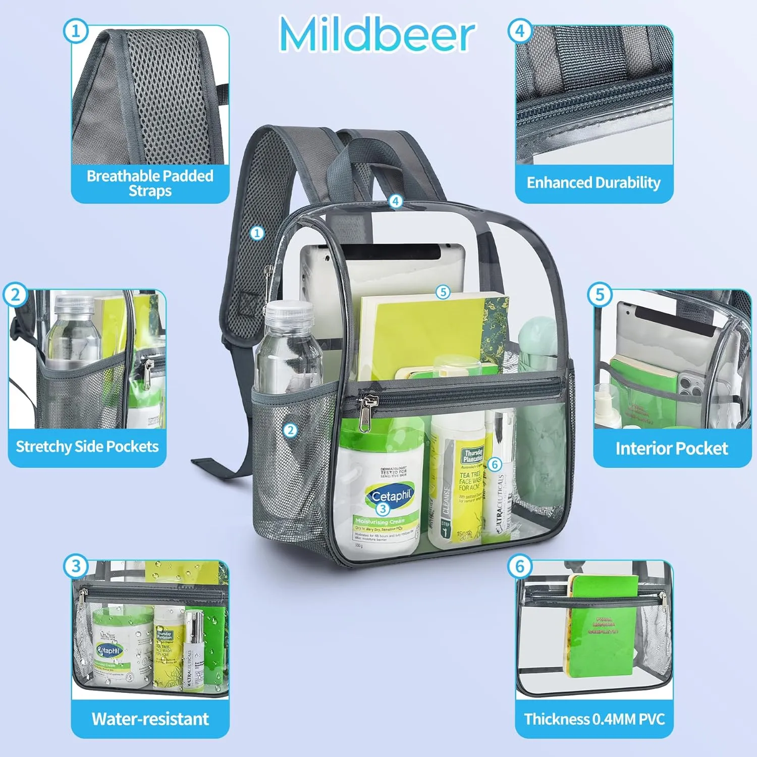 Mildbeer Small Clear Backpack, Stadium Approved 12x12x6 Clear Backpack for Women with 2 Bottle Holders for Festival Concert Sports Events