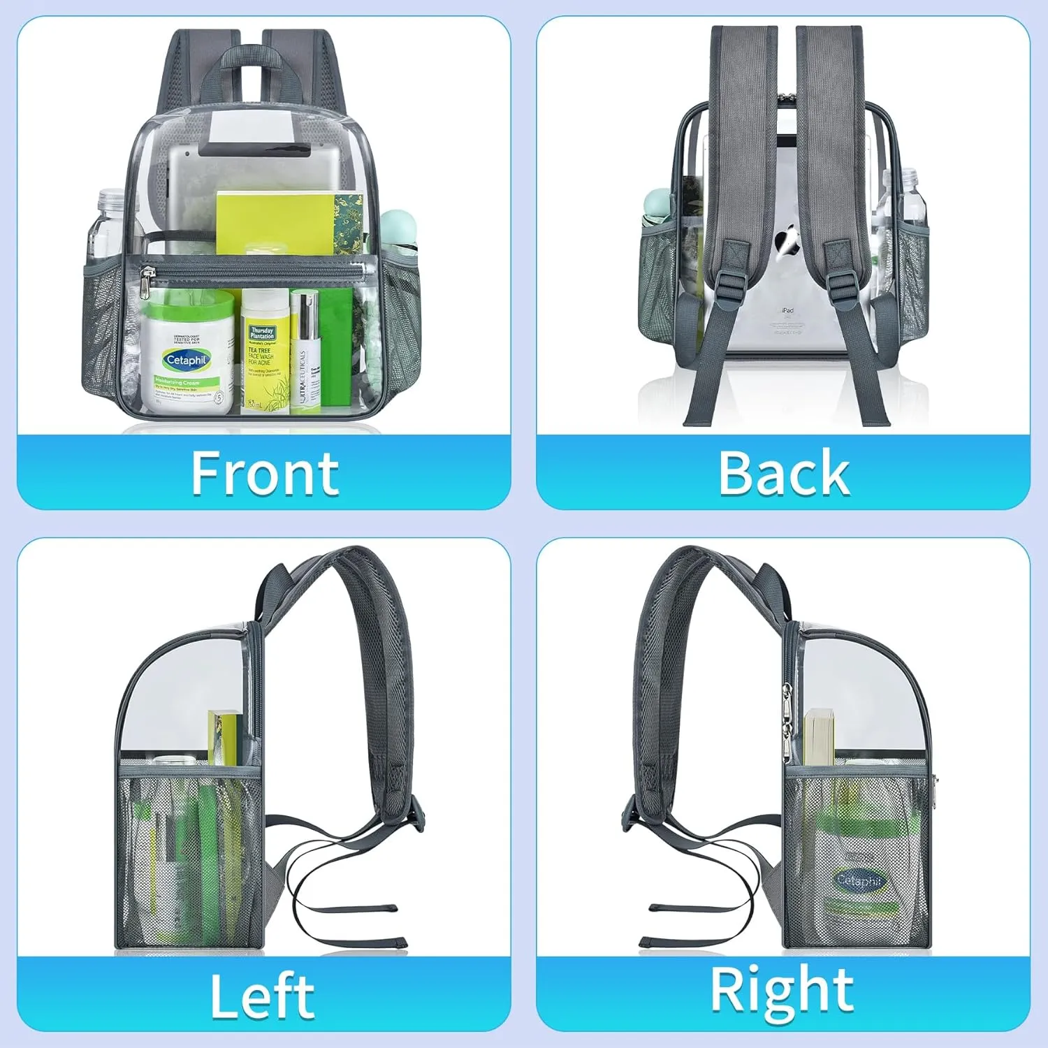 Mildbeer Small Clear Backpack, Stadium Approved 12x12x6 Clear Backpack for Women with 2 Bottle Holders for Festival Concert Sports Events