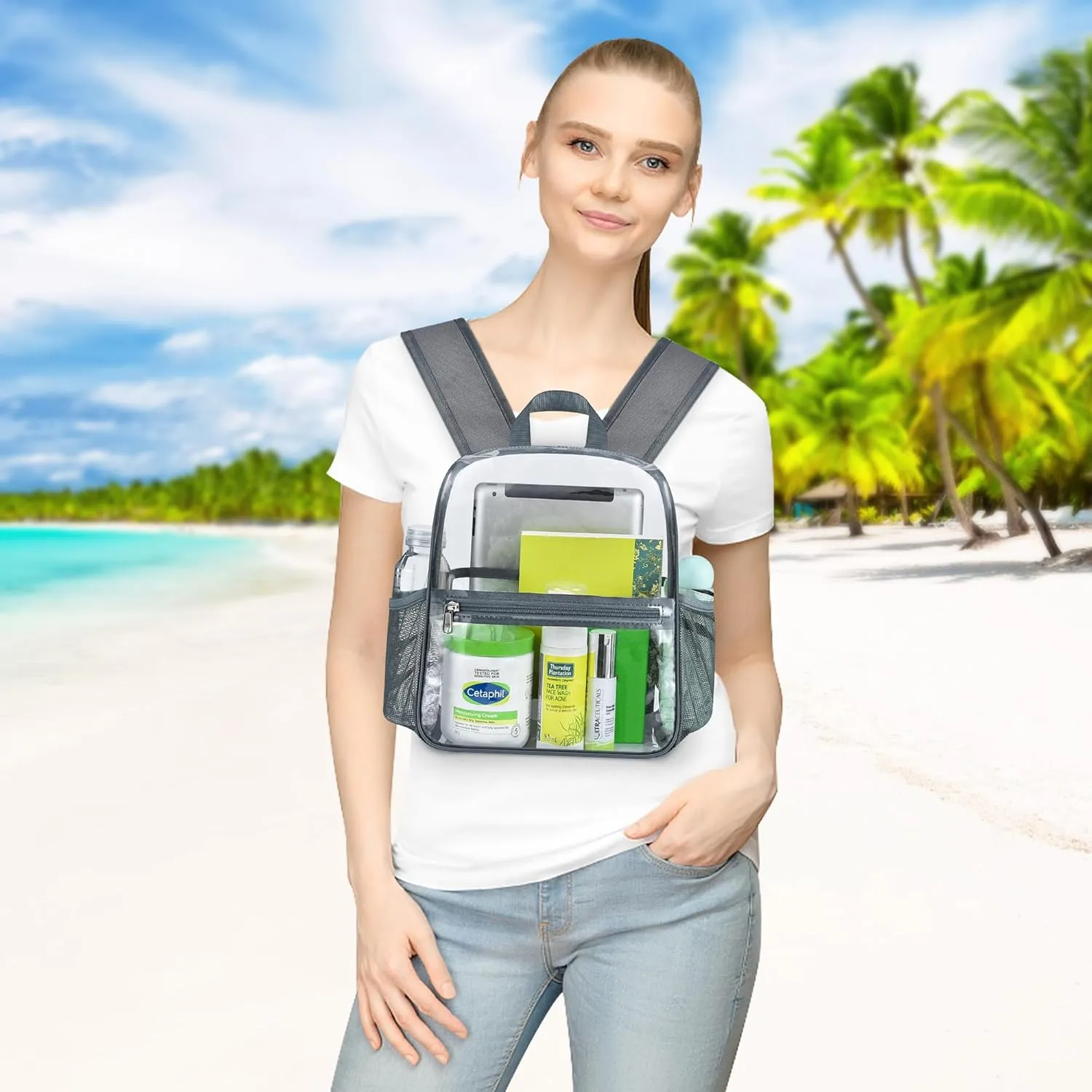 Mildbeer Small Clear Backpack, Stadium Approved 12x12x6 Clear Backpack for Women with 2 Bottle Holders for Festival Concert Sports Events